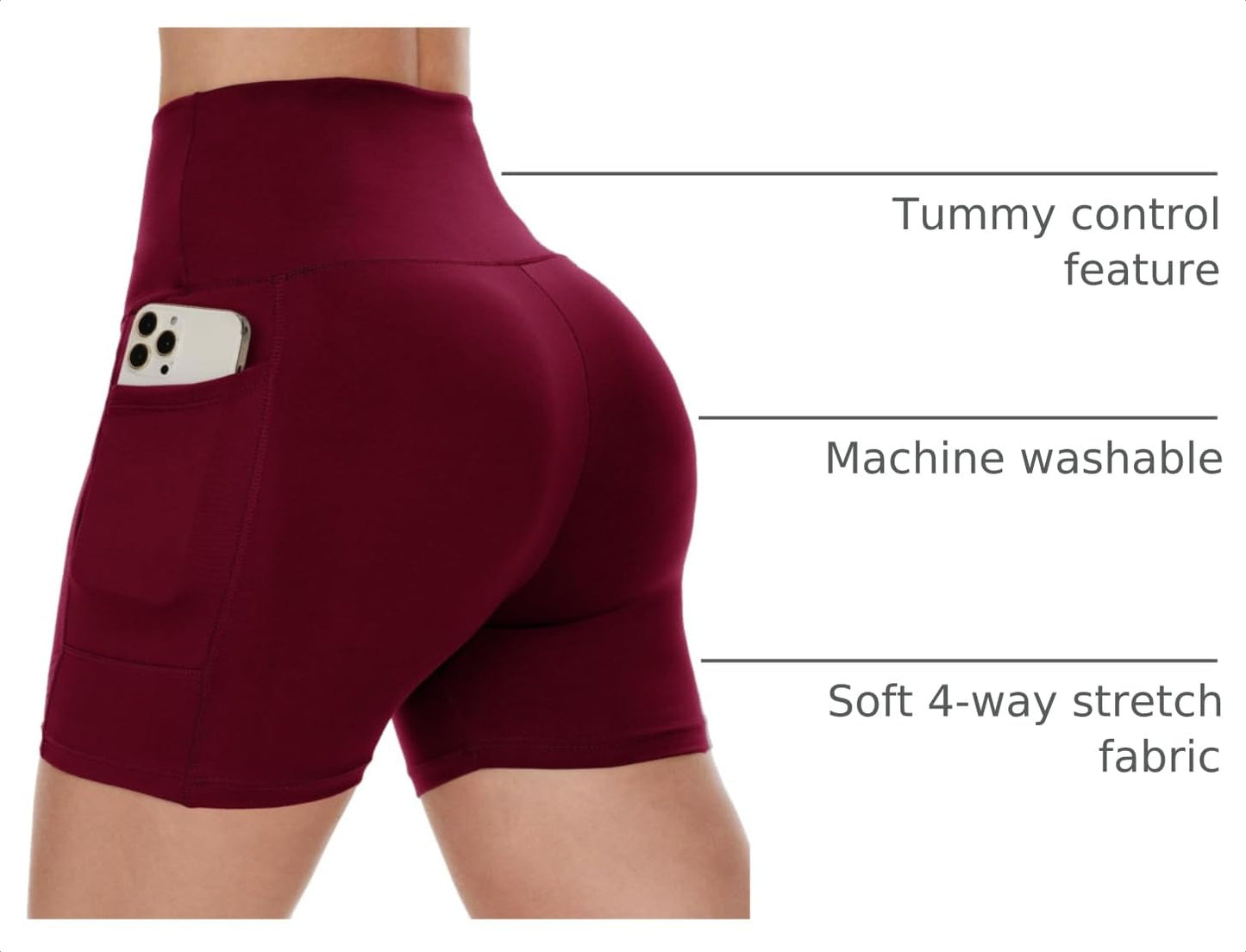 CAMPSNAIL Biker Shorts Women with Pockets - 3"/5"/8" High Waisted Workout Spandex Tummy Control Gym Running Yoga Shorts Burgundy