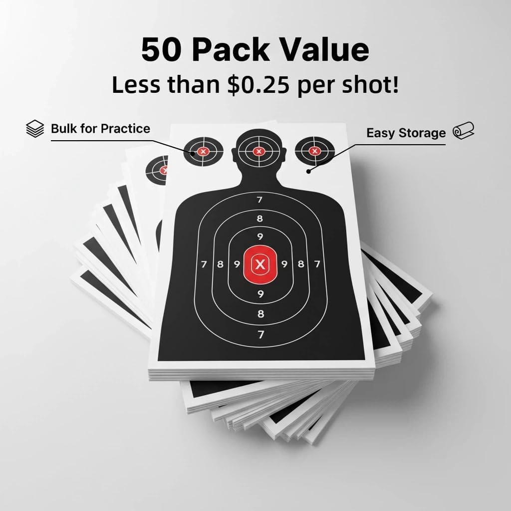 Silhouette Paper Shooting Targets - 50-Pack 14x22 Inch Red Bullseye for Handgun, Pistol, Rifle & Airsoft - Durable Crease-Resistant Design