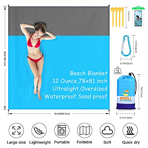 BYDOLL Beach Blanket 78''×81'' 4-7 Adults Oversized Lightweight Waterproof Sandproof Beach Blanket Large Picnic Mat Beach Blanket for Beach Travel Camping Hiking Picnic(78" X 81", Blue-Grey)