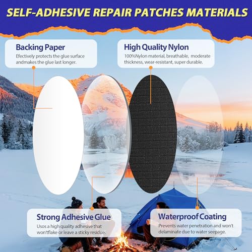 Down Jacket Repair Patch Kit, Outdoor Gear Tenacious Repair Tape, Self Adhesive Fabric Patches for Clothes, Waterproof Ripstop Nylon Fabric Patch for Puffer Jacket, Coat, Tent (18 Pcs, Black)