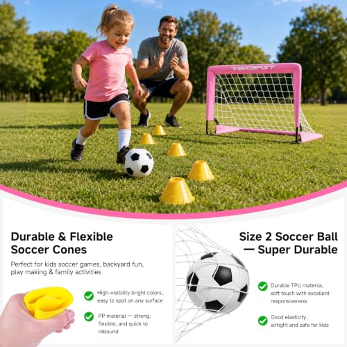 Pink Mini Toddler Soccer Goal Set for Backyard - 2 Pack 2x1.5 ft Kids Soccer Goals with Accessories