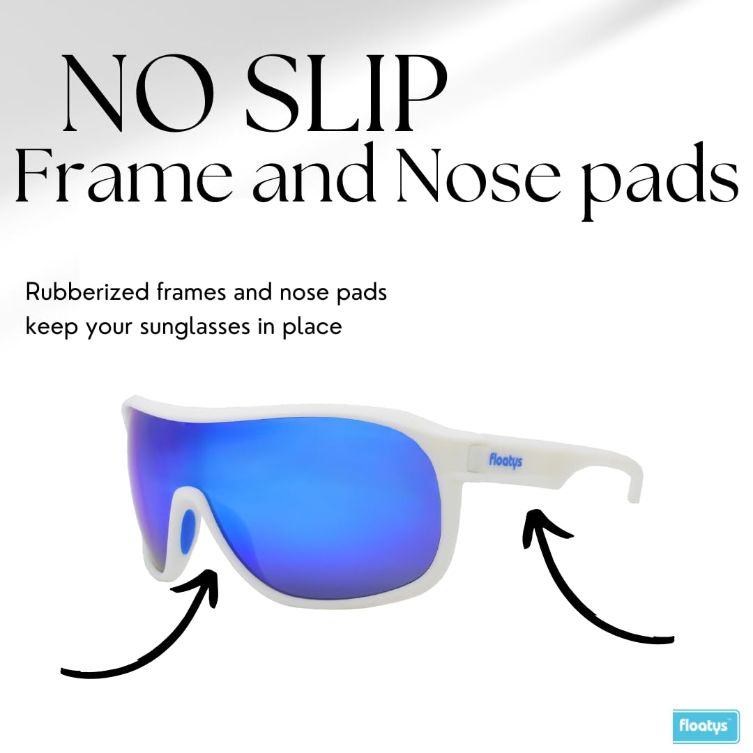 Floatys Floating Sunglasses Rubberized Rapids | Polarized Water Repelling Lenses | Sport shield wrap around | Men and Women (White Frame/Blue Mirror Lens)