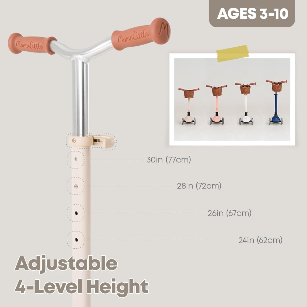 MomnLittle Kick Scooter for Kids Ages 3-10 (Beige) 3 Wheeled with LED Light-Up Wheels CPSC Certified Foldable and 4 Height Adjustable Toddler Scooters for Boys Girls