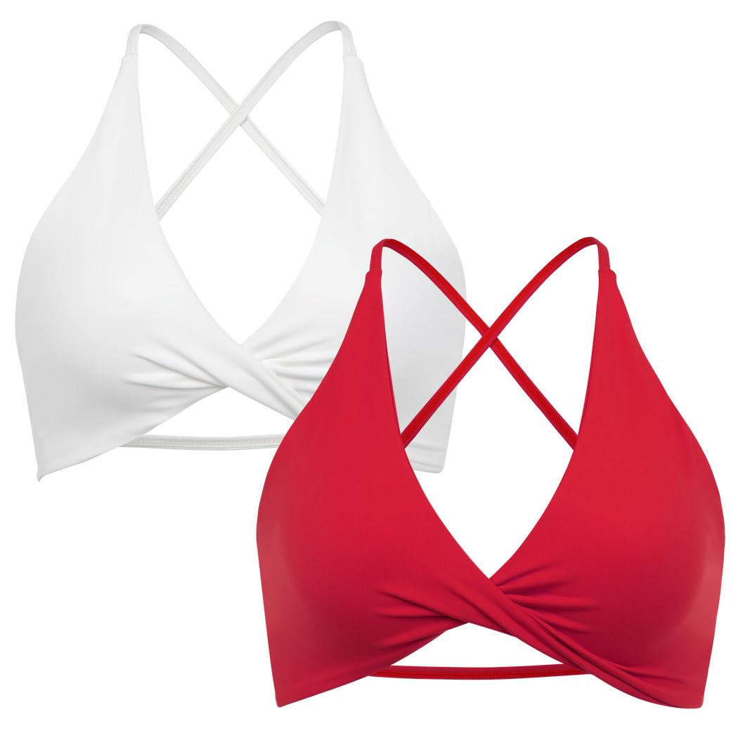 SUUKSESS Women 2 Piece Open Back Strappy Sports Bra Pack Twist Front V Neck Padded Workout Crops (#2 White & Red, M)