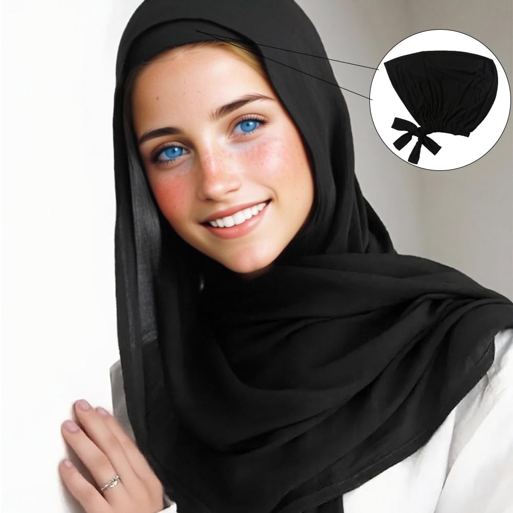 Hophor Black Hijab Undercap Islamic Muslim Under Scarf Hijab Caps with Tie-Back Closure Women Chemo Hat (Black+Nude)
