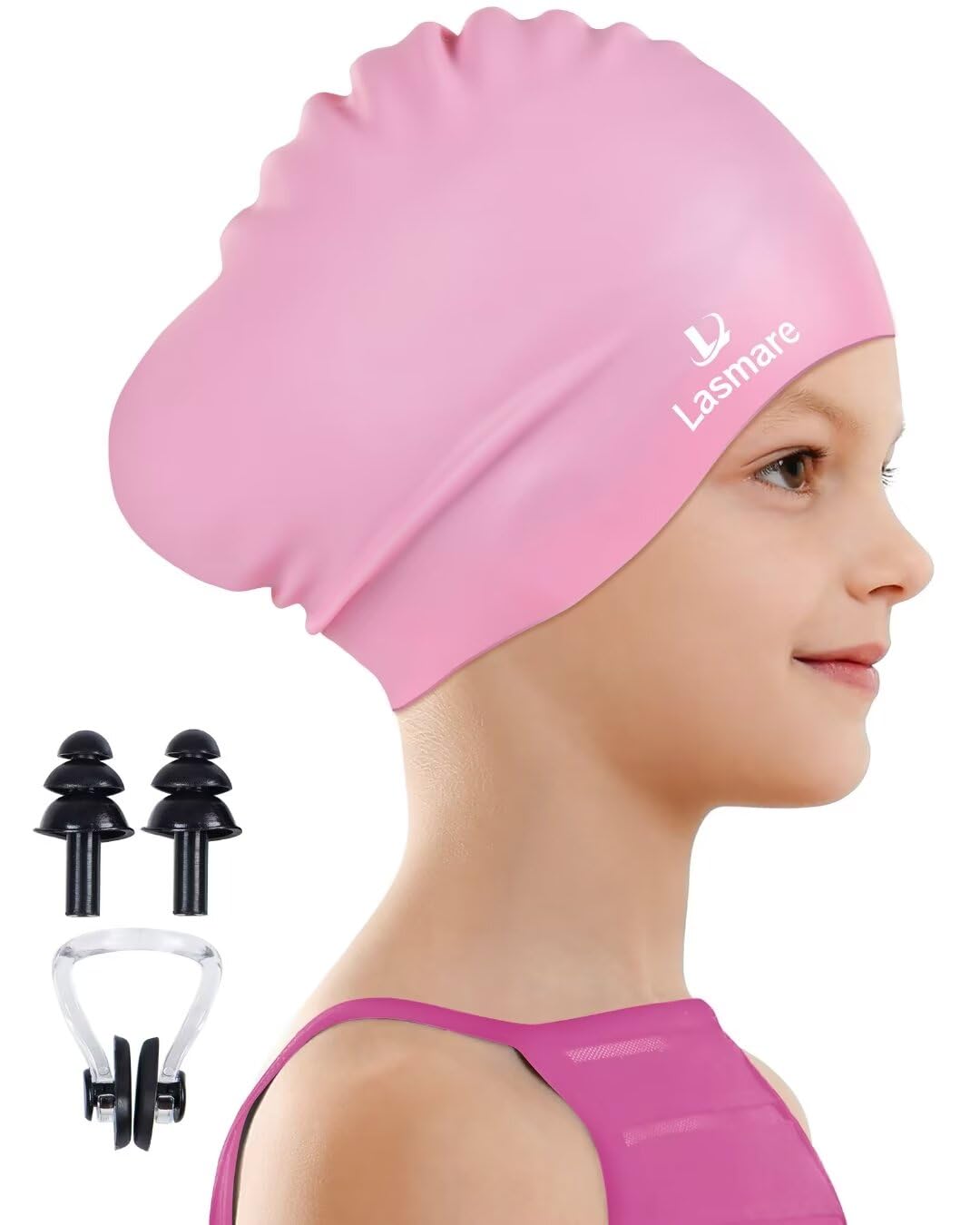 Kids Long Hair Swim Cap for Girls Boys, 3 Size Silicone Swimming Cap for Age 1-15 Toddler Children Teens, Waterproof Swim Hats Bathing Caps with Ear Plugs & Nose Clip to Keep Hair Dry(Age 3-8/Pink)