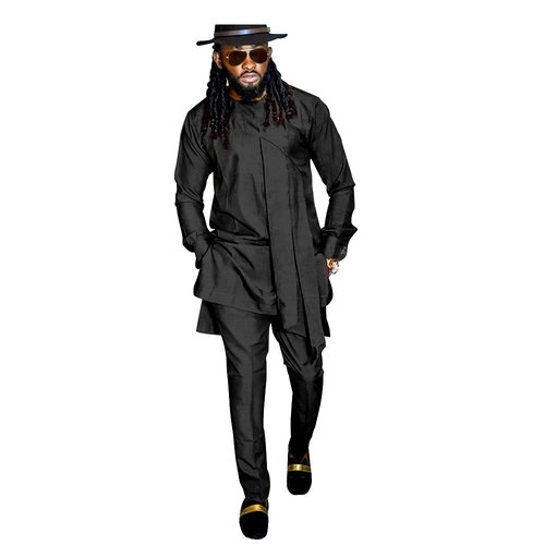 SEA&ALP Men's Fashion Clothes African Shirt and Pant Suit Dashiki Long Sleeve Casual Outfits Blouse Pockets Black T6 Large