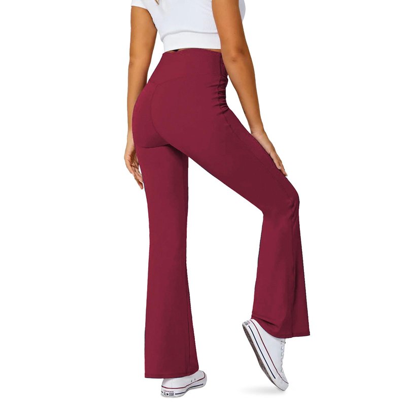 DLOODA Women's Flare Leggings with Pockets Crossover High Waisted Bootcut Yoga Pants Tummy Control Bell Bottom Leggings Burgundy 0M