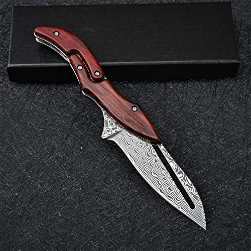 SDOKEDC Damascus Steel Folding Knife Tactical Military Pocket Knife Yellow Sandalwood Handle Mechanical Lock Outdoor Camping Survival Hunting Self Defense Multitool (Curved blade)