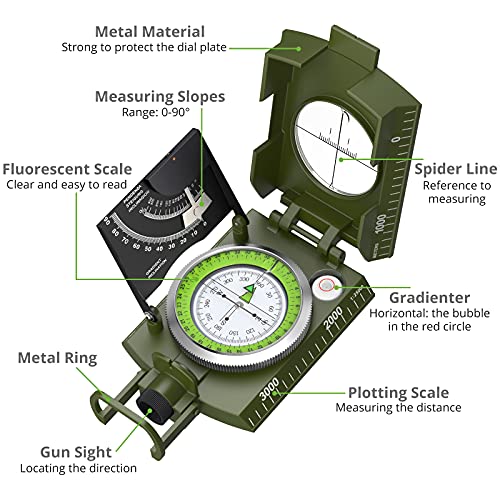 Proster IP65 Hiking Compass Waterproof Compass - Metal Compass Camping Compass with Sighting Clinometer with Carry Bag for Camping Hunting Hiking