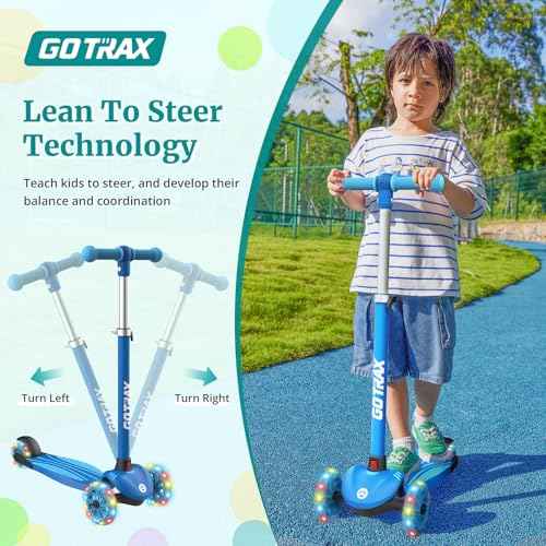 Gotrax KS1 Kids Kick Scooter, LED Lighted Wheels and 3 Adjustable Height Handlebars, Lean-to-Steer & Widen Anti-Slip Deck, 3 Wheel Scooter for Boys & Girls Ages 2-8 and up to 100 Lbs (Blue)