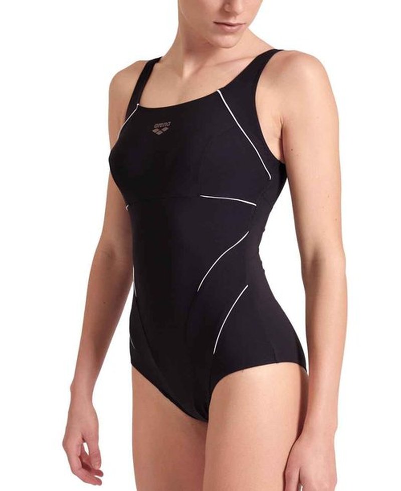 ARENA Women’s Bodylift Jewel Shapewear Wing Back One Piece Swimsuit C Cup Low Cut Leg Ladies Shaping Tummy Control Swimwear, Black/White, Size 38
