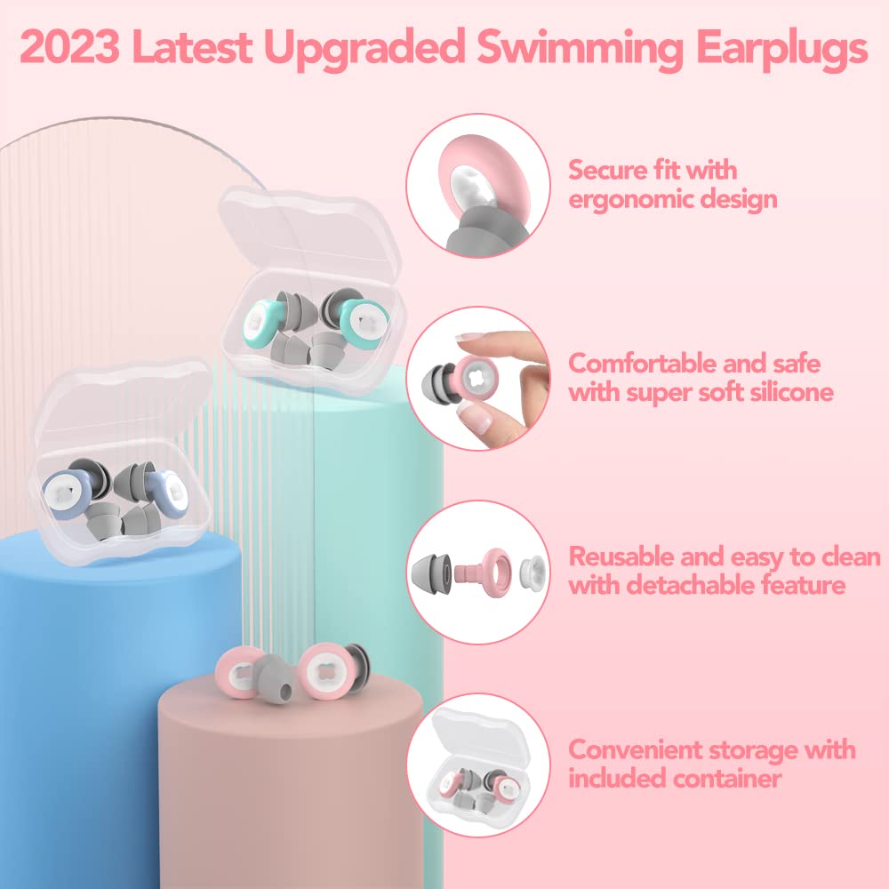 Waterproof Swimming Ear Plugs for Adults - 3 Pairs of Reusable Soft Silicone Swim Earplugs,Perfect for Surfing, Diving,Pool,Showering and Other Water Sports - Keep Water Out and Ear Protection