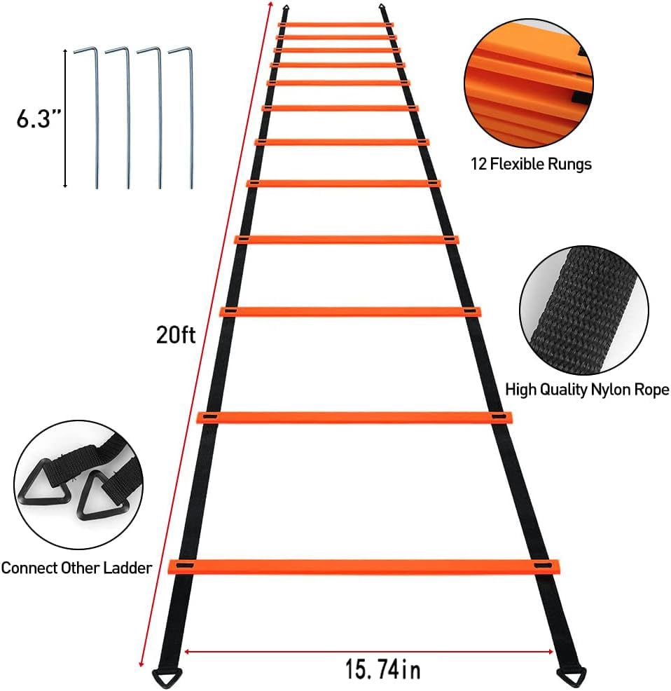 Pro Speed Agility Training Set—Includes 12 Rung 20ft Adjustable Agility Ladder with Carrying Bag, 12 Disc Cones, 4 Steel Stakes, 1 Running Parachute for Training Football, Soccer, Basketball Athletes