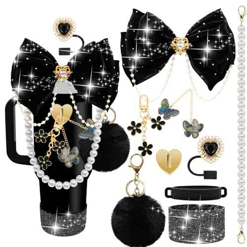 LBU Bling Stanley Cup Accessories for 40/30/20 oz Tumbler with Handle Including Glitter Bow Straw Topper, Heart Straw Cover, Pearl Water Bottle Handle Strap, Boot, Pom-Pom, Keychain Charms(Black)