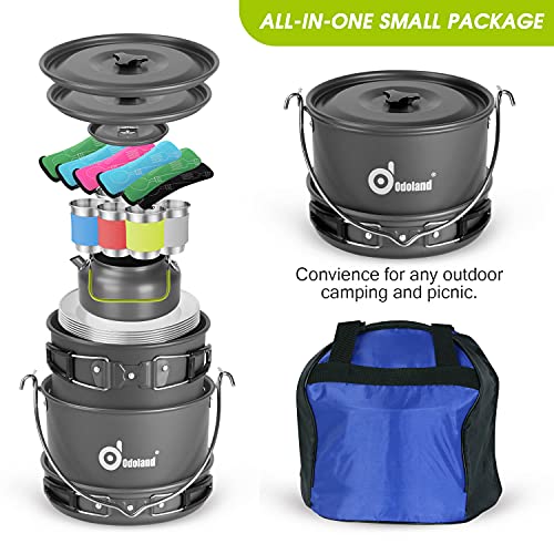 Odoland 39pcs Camping Cookware Mess Kit, Non-Stick Large Size Hanging Pot Pan Kettle with Base Dinner Cutlery Sets for 6 and More, Cups Dishes Forks Spoons Kit for Outdoor Camping Hiking Picnic