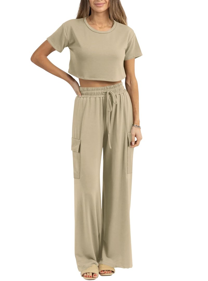 Atizon Women 2 Piece Outfits Summer Short Sleeve Crop Top Elastic Waist Wide Leg Pants Lounge Sets Casual