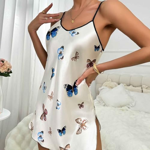 Womens Nightdress Fashion Print Sexy Backless Ice Silk Sling Pajamas Dresses Nightgowns Chemise Sleepwear Lingerie Style006 White Small