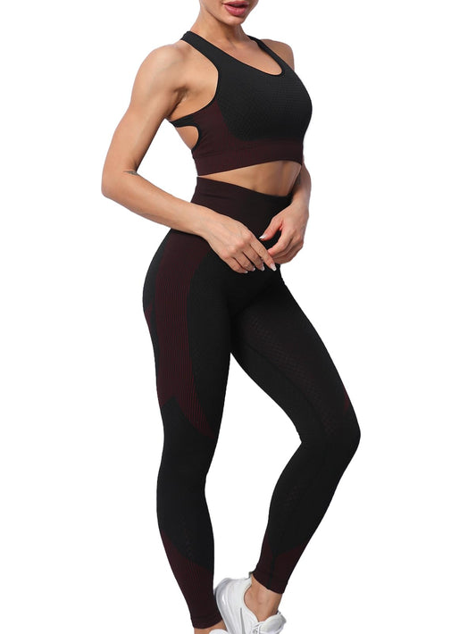 UONNOU Women Workout Sets Knit Seamless Cropped Tank Top Bra High Waist Leggings Yoga 2 Piece Exercise Outfits,Black Red,M