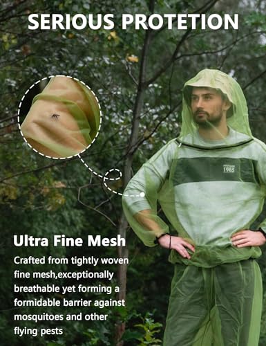 HENNCHEE Mosquito Jacket for Adults, Mesh Bug Jacket with Hood, Outdoor Protection Net Mosquito Proof Clothing with Carry Pouch S/M