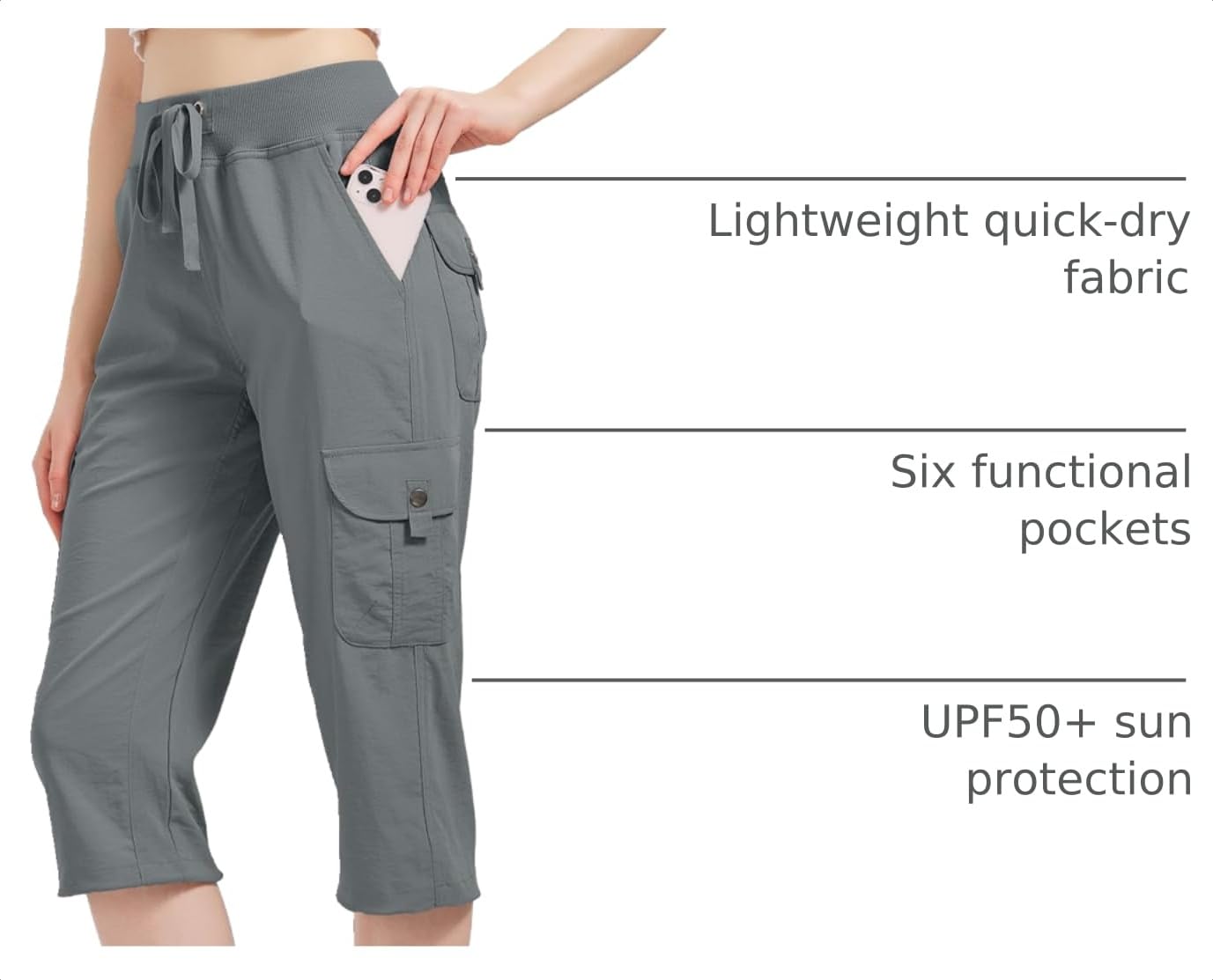 Women's Cargo Capris Hiking Pants with 6 Pockets Lightweight Quick Dry Outdoor Travel Casual Comfy Summer Pants(2032 Grey L)
