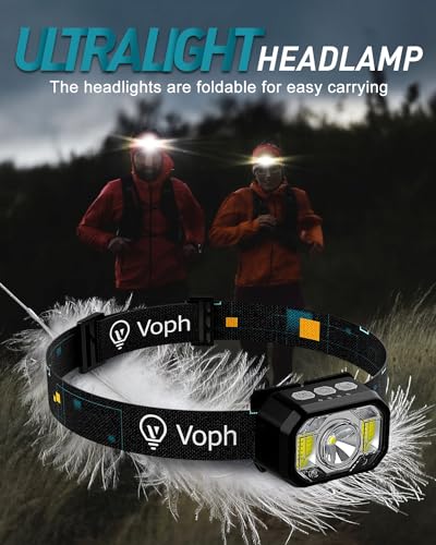 Voph Head Lamp 2 Pack, 1200 Lumens USB Type-C Motion Sensor Rechargeable Headlamp, 6 Modes Ultra-Light Headlamp with Red Light, Waterproof Led Headlamp for Hiking Camping Fishing Running Hunting