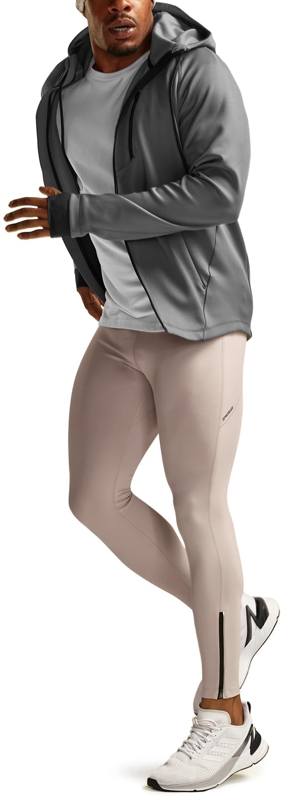 TSLA Men's Thermal Running Tights, Fleece Lined Compression Cycling Pants, Winter Cold Weather Leggings with Zipper Pocket, Running Tights Beige, Medium