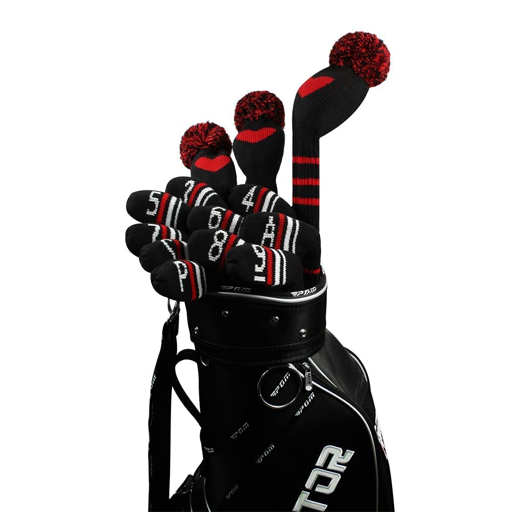 Scott Edward Black Red White Warning Iron Covers,Set of 10 PCS, Adorable and Basically Socks Shape,Washable & Durable Golf Club Head Protector (Black Red White Warning Stripes)