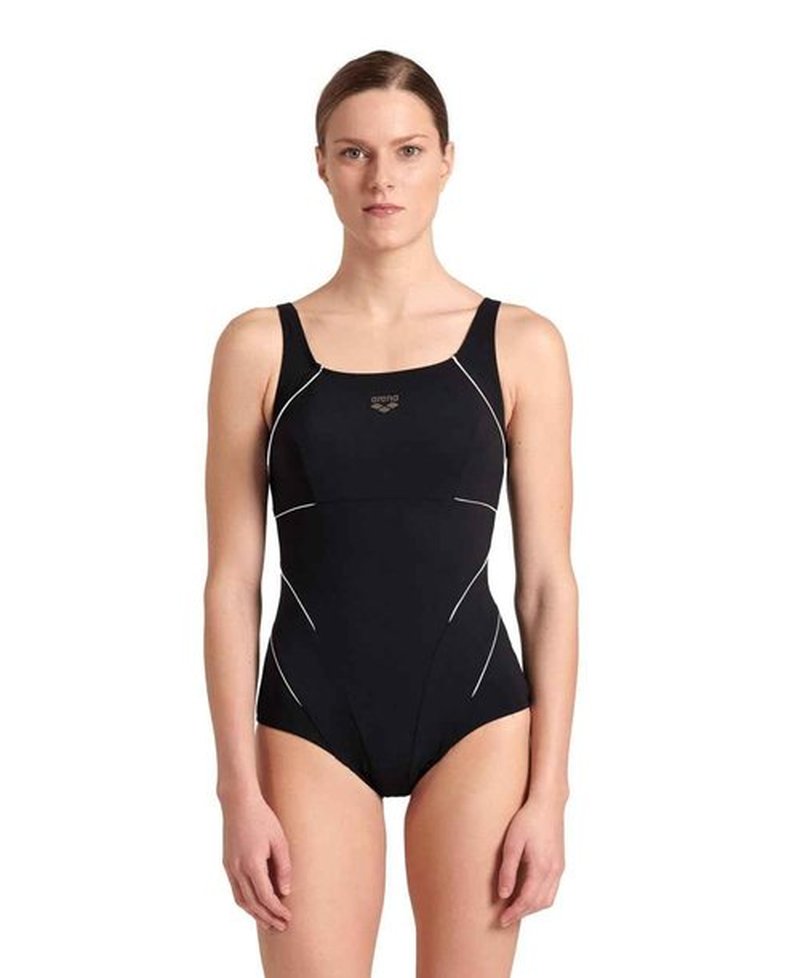 ARENA Women’s Bodylift Jewel Shapewear Wing Back One Piece Swimsuit C Cup Low Cut Leg Ladies Shaping Tummy Control Swimwear, Black/White, Size 38
