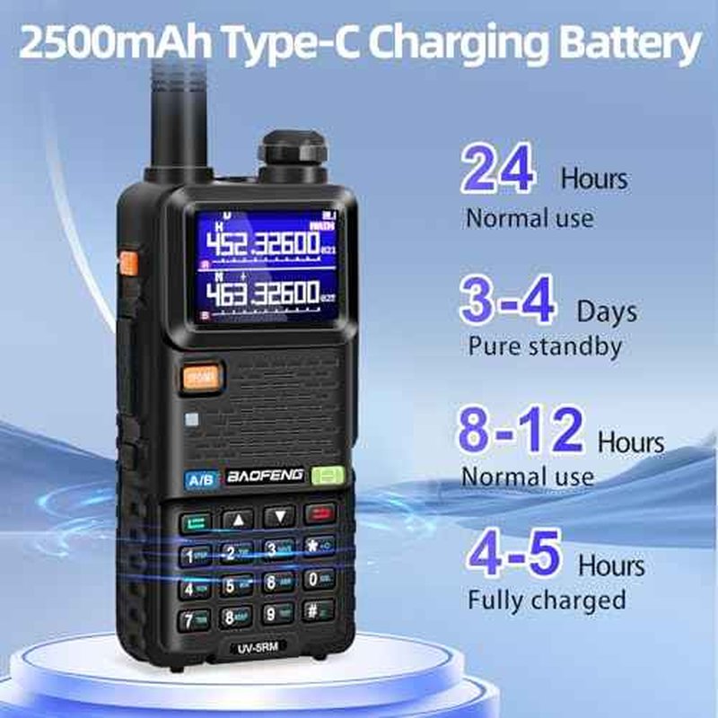 BAOFENG UV-5RM 10W Handheld Ham Radio Long Range, Portable Two Way Radio with 2500mAh Type-C Charging Battery, Rechargeable 5RM Multi-Band Walkie Talkies for Adults (2 Pack)