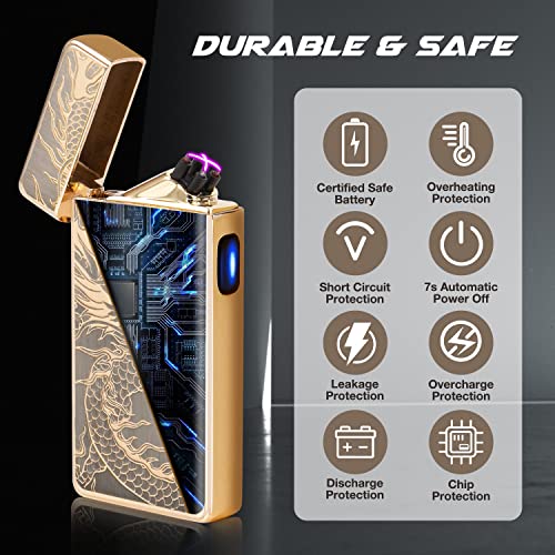 LcFun Electric Lighters Rechargeable USB Lighter, Plasma Dual Arc Lighter, Windproof Flameless Cool Lighters for Candles, Incense Stick, Outdoor Camping (Gold Dragon)