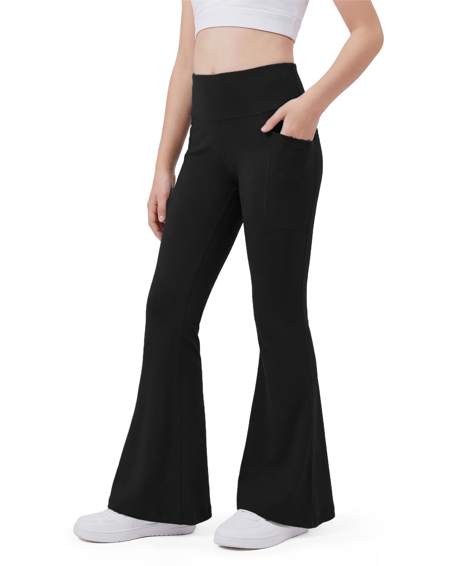 Stelle Girls Flare Leggings Bell Bottoms Yoga Pants with Pockets High Waisted Bootcut Dance Pants (Black, M)