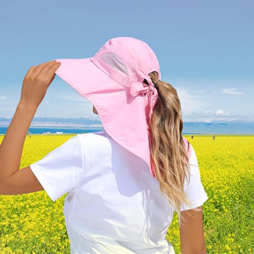 SENWAI Womens Sun Hat Outdoor UV Protection Wide Brim Fishing Hat with Ponytail Hole Neck Flap for Beach Hiking Camping, Pink