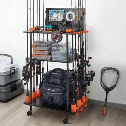 KastKing V12 Gear Trolley, Indoor Fishing Rod Holder for 12 Combos, 3-Tier Fishing Accessory Shelves With Peg Wall, Patented Built-in Line Spooler, Mobile Tackle Storage Cart With Locking Wheels