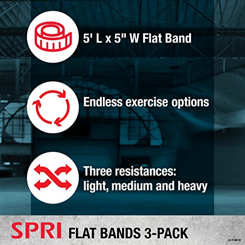 SPRI Flat Bands 3-Pack - Resistance Band Kit Set with 3 Levels of Resistance - Exercise Bands for Strength Training, Flexibility, & Body Workout - Versatile Fitness Tool - Light, Medium, and Heavy