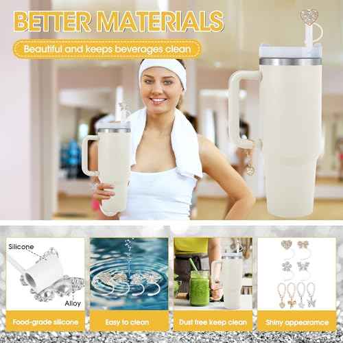Straw Covers for Stanley Cup Accessories - 10mm 0.4" Straw Lids with Shiny Diamond Bows, Butterflies, and Flowers and Matching Chain Charms for 30 & 40oz tumblers with Handles£¨Gold & Silver)