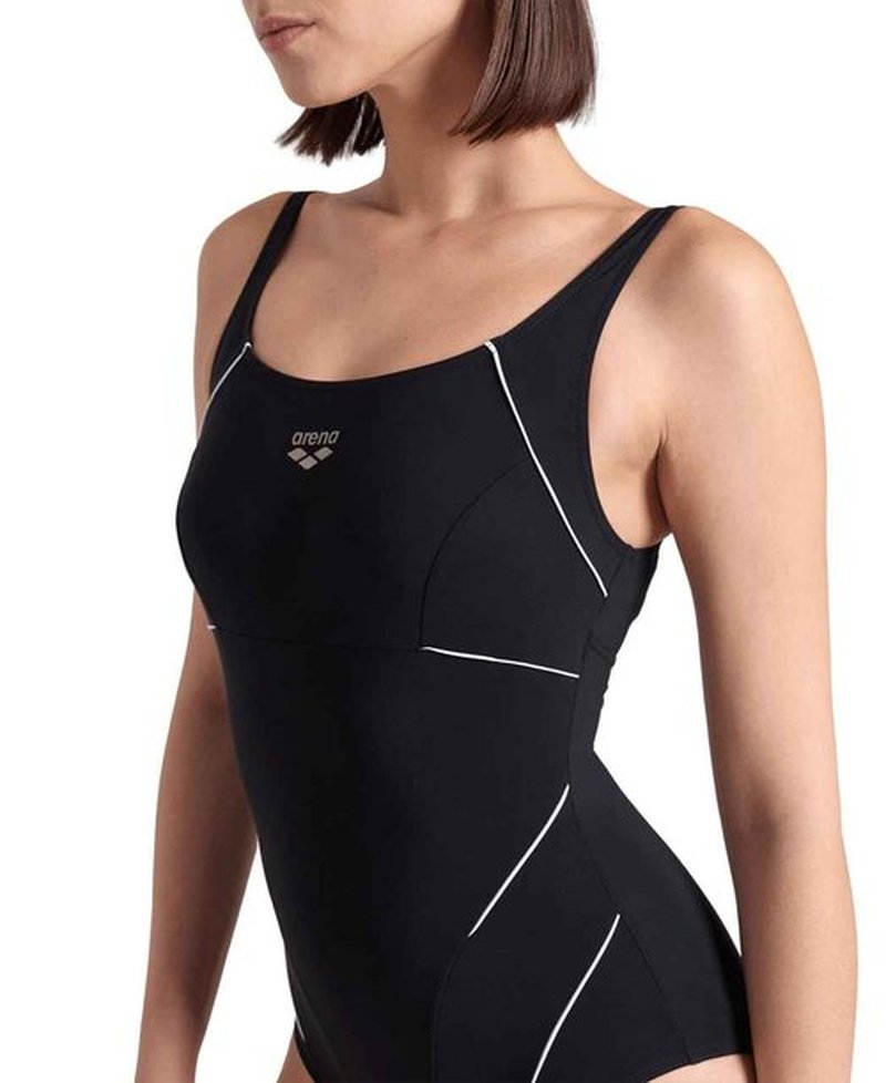 ARENA Women’s Jewel Shapewear One Piece Swimsuit Wing Back B Cup Built in Bra Ladies Bathing Suit Shaping Tummy Control Swimwear, Black/White, Size 46
