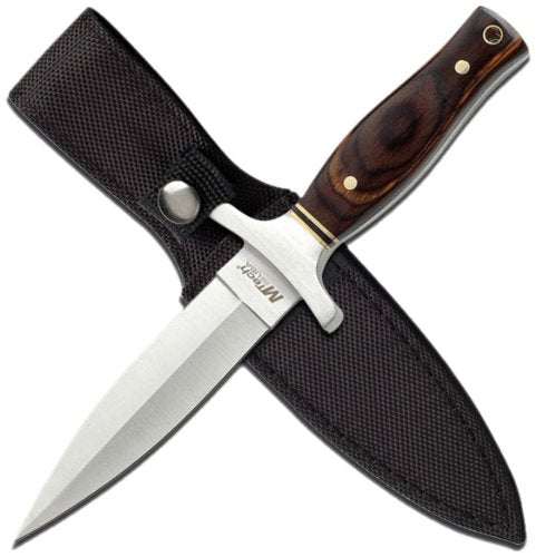 MTech USA – Fixed Blade Knife – Satin Finish Stainless Steel Blade, Brown Wood Handle with Stainless Steel Bolster, Includes Nylon Sheath - Hunting, Camping, Survival, Tactical – MT-20-03