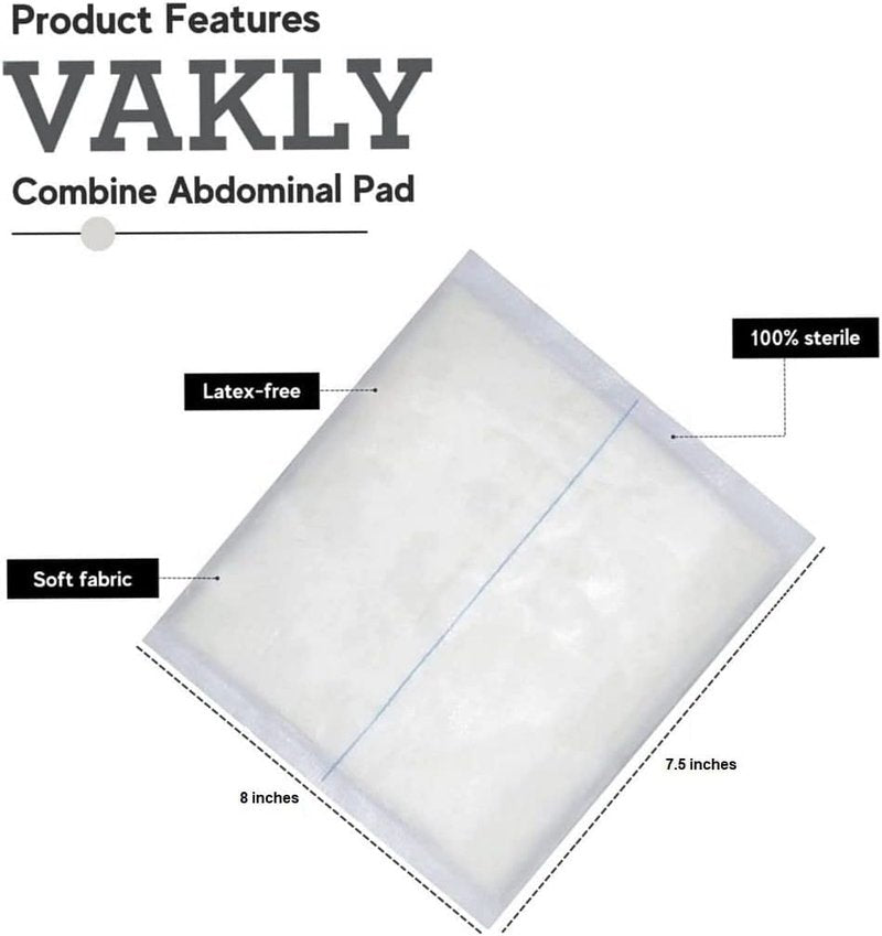 Vakly ABD Combine Abdominal Pads 8" x 7½" (Pack of 24) – Sterile High Absorbency Non-Adherent Gauze, Individually Wrapped, Ideal for First Aid and Emergency Use