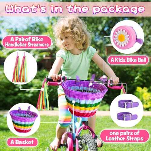 Kids Bike Basket Set,Girl Bike Basket Handwoven,Bike Baskets for Kids,Install Detachable,Fits Most Bikes,Stationary Bike, Ebike, Road Bike