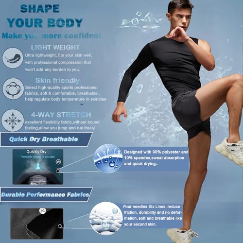 Men's Compression Shirts Single Arm Long Sleeve Basketball Athletic Workout Shirt Tops Baselayer Undershirt