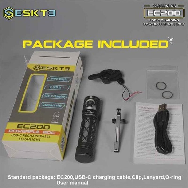 EC200 Powerful EDC 2250 lumens USB-C Rechargeable LED Flashlight - Lightweight, Compact Mini Pocket light Home use Camping Hiking Running Waterproof Outdoor Sports Hands-Free (Cool White 6500K, Black)