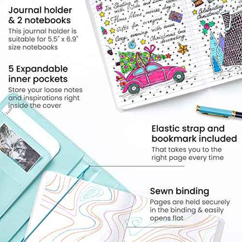 ARTEZA Journal Gift Set, Pack of 2, 6x8 Inches, 70 Sheet Notebooks with Double-Sided Lined and Dotted Paper, Journal Holder, and 1 Black Ink Pen