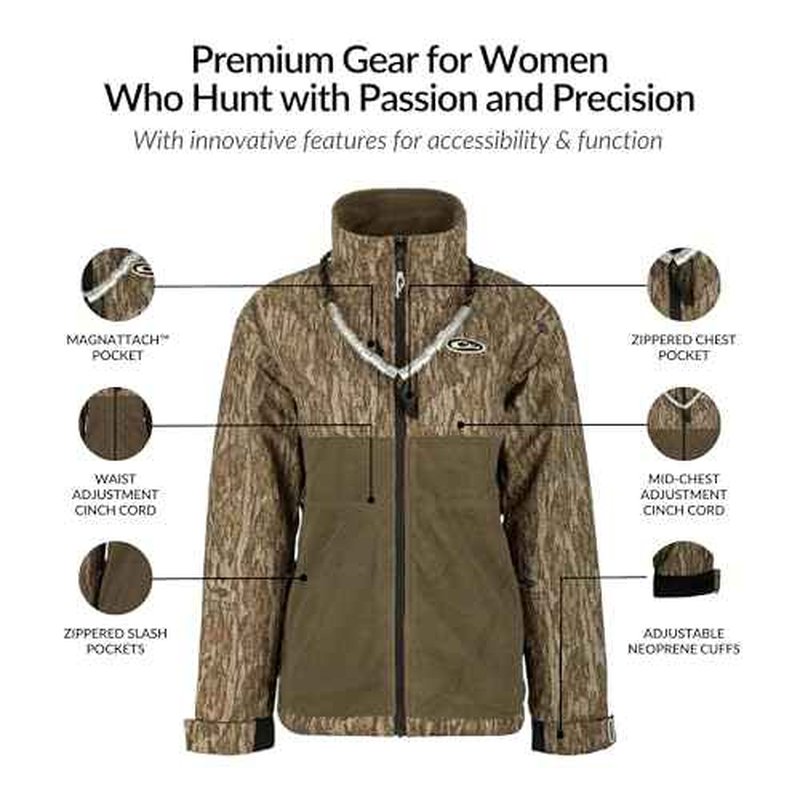 Drake Waterfowl Women's Eqwaderplus Full Zip, Mossy Oak Bottomland, Medium