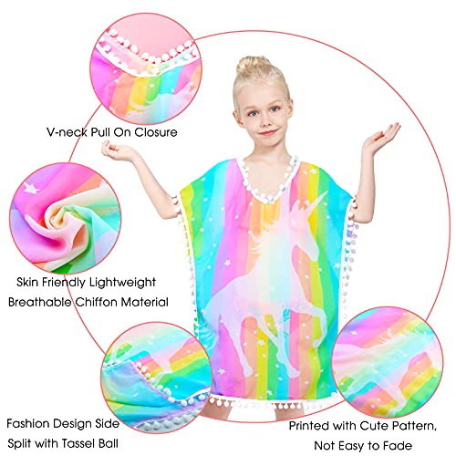 PASHOP Swim Cover Ups for Girls Terry Cover Up Swimwear Hoodie Zipper Cover-up (Rainbow Unicorn, 3-6 Years)