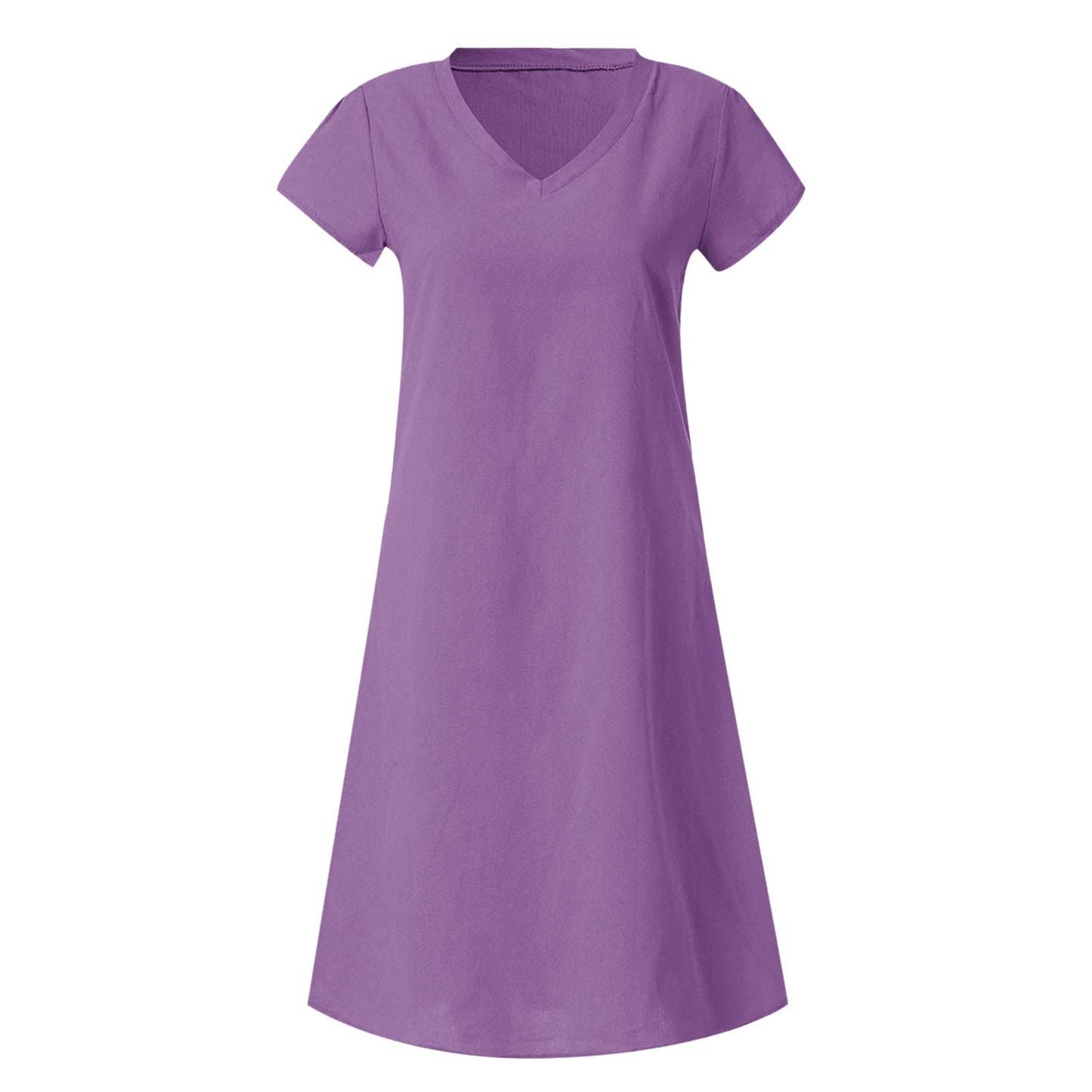 Generic Today Deals Women's Cotton Linen Knee Length Dress V Neck Short Sleeve Causal Loose Tshirt Dresses Summer Loose Shift Tunic Dress Vestido Mujer Elegante Purple, 3X-Large