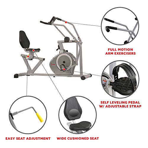 Sunny Health & Fitness Compact Performance Recumbent Bike with Dual Motion Arm Exercisers, Quick Adjust Seat & Exclusive SunnyFit® App Enhanced Bluetooth Connectivity - SF-RB420032 Gray