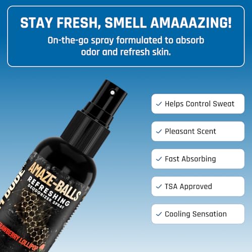 Derm Dude Amaze Ball Deodorant Spray for Men | Anti-Chafing Groin & Sack Spray with DeoPlex & Aloe Vera | Odor & Sweat Control for Private Parts | Strawberry Lollipop Scent, Talc-Free, 2oz