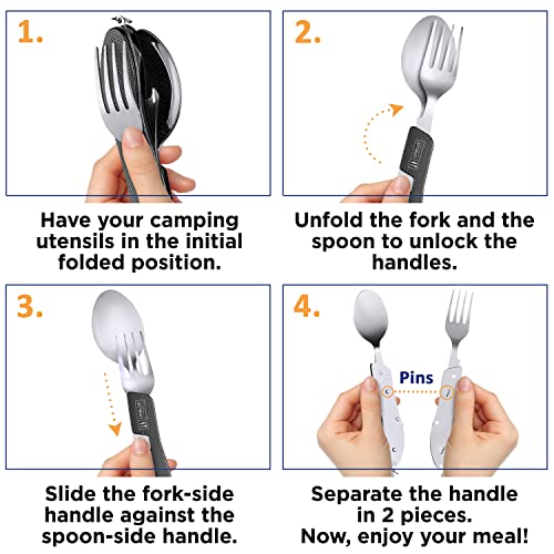 Orblue 4-in-1 Camping Utensils, 2-Pack, Portable Stainless Steel Spoon, Fork, Knife & Bottle Opener Combo Set - Travel, Backpacking Cutlery Multitool, Black