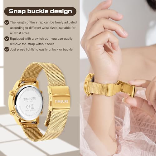 TIMEURE Women's Step Counter Watch with Stainless Steel Bracelet, Stylish Design, No App, No Charging Needed for Step, Calorie, Distance, Alarm, Countdown Timer，TU-2401(Gold)